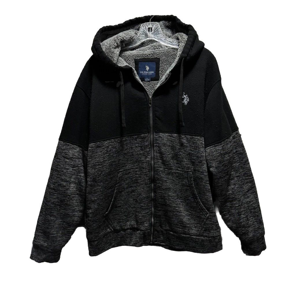 US Polo Assn. Black/Gray Zip Up Fleece Hood Jacket Size L Zip Pocket Logo Sherpa